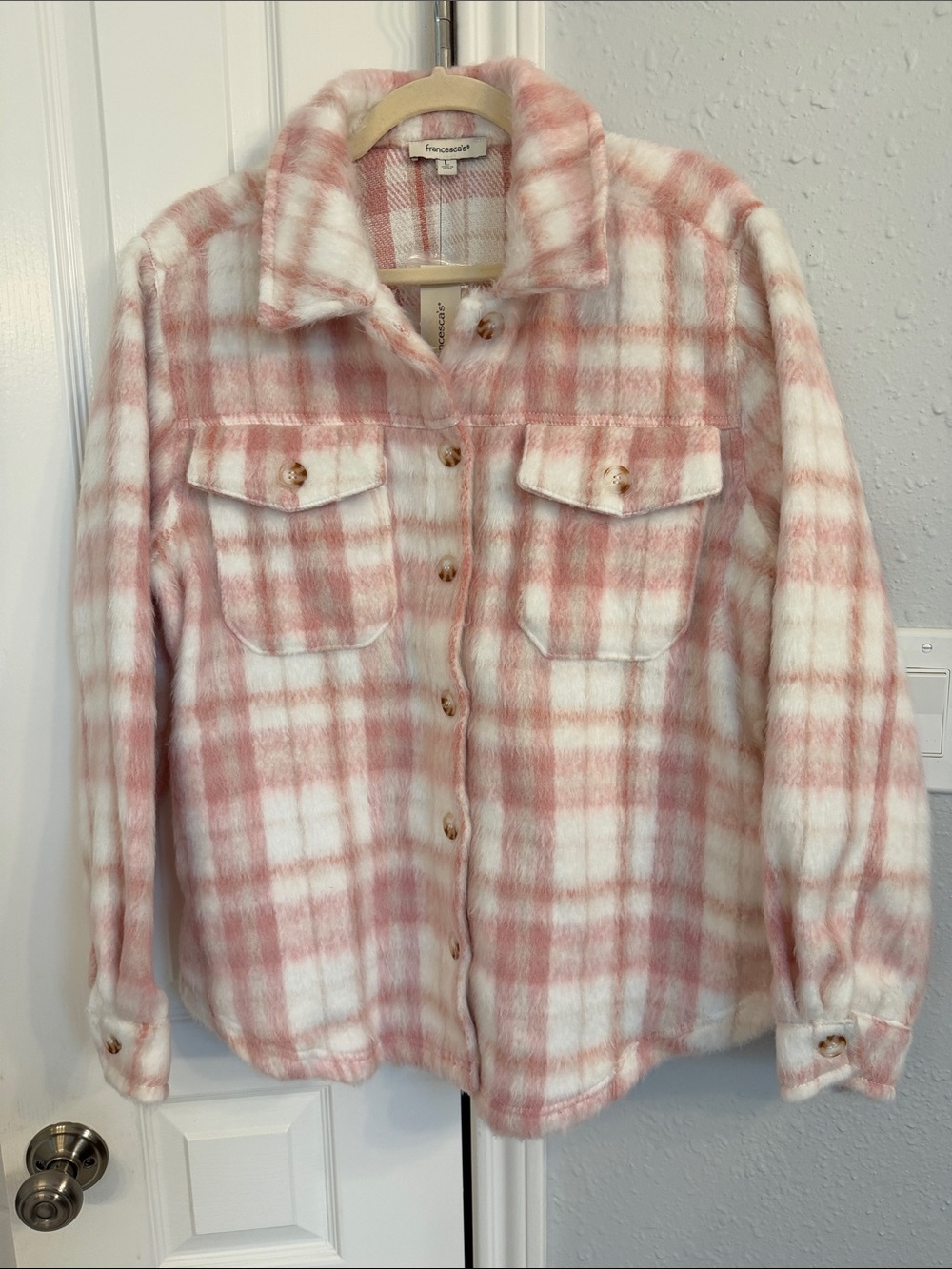 Francesca's Collections Pink & White Plaid Teddy Shacket